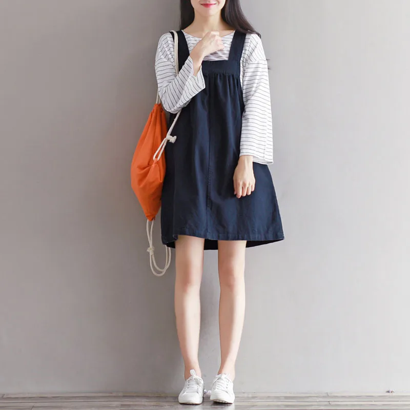 Женское платье Mferlier синее Плиссированное Хлопковое на тонких бретельках с