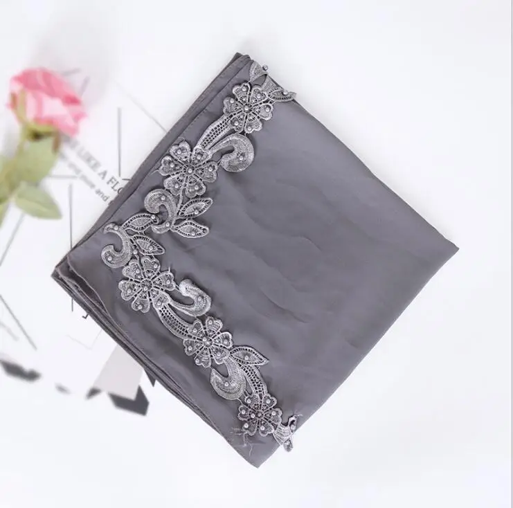 5 dark grey Модный Малайзийский шифоновый квадратный шарф, сплошной мусульманский хиджаб, изысканная аппликация, квадратный платок, Женский тюрбан Musulman 115x115 см - Цвет: 5 dark grey