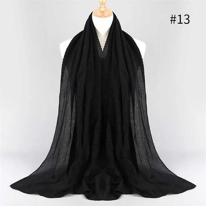 color13 black 90*180 см, более размера, Женский хлопковый шарф с морщинами и пузырьками, мусульманский хиджаб, шарф, тюрбан, повязка на голову, одноцветные плиссированные шарфы - Цвет: color13 black