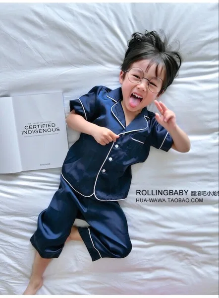 Blue long pants Корейский детский пижамный комплект, детские пижамы для девочек и мальчиков, шелковая пижама, enfant, детская одежда для сна Ночное белье с короткими рукавами, домашняя одежда, костюм, Новинка - Цвет: Blue long pants