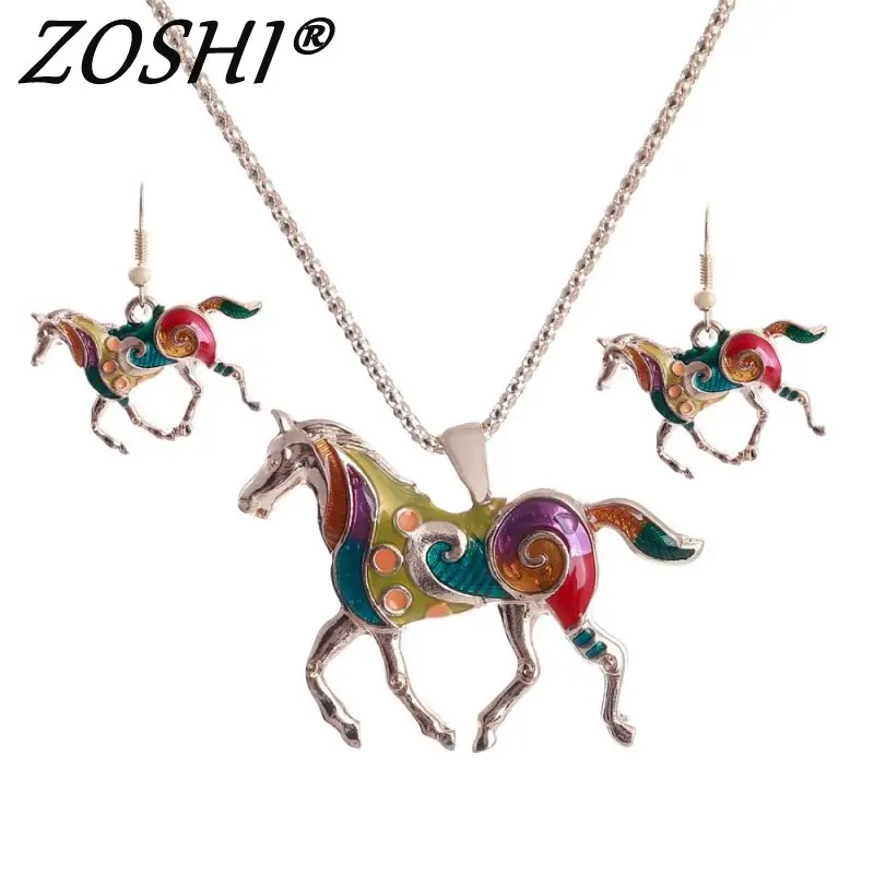 ZOSHI красочные эмалированные украшение лошадь наборы для девочек животное золото серебро подвеска с изображением лошади ожерелье серьги набор уникальные этнические ювелирные изделия