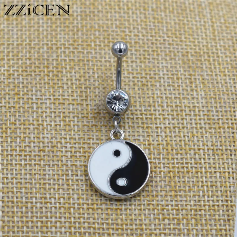 Fashion Steampunk Black White Ename Tai Chi Yin Yang Bar Piercing Navel Belly Button Ring Body Piercing Gothic Tattoo Jewelry