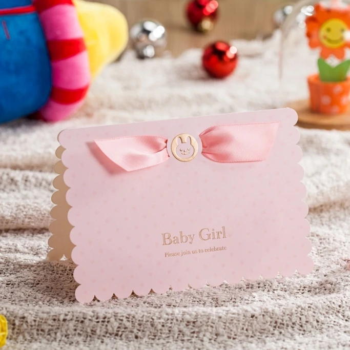 Pink invitations card with ribbon for Baby Girl 3D Card birthday invitation cards CW5301 | Дом и сад