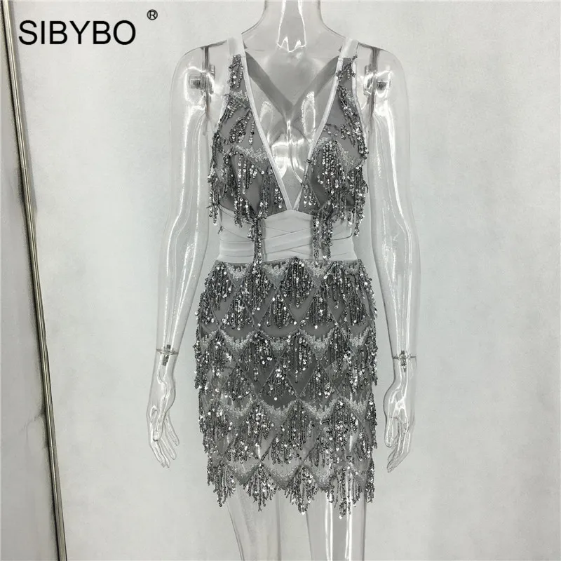 Sibybo прозрачное сексуальное женское платье с блестками и сеткой с глубоким v-образным вырезом на спине летнее Бандажное платье мини Вечерние платья для ночного клуба - Цвет: As Shown