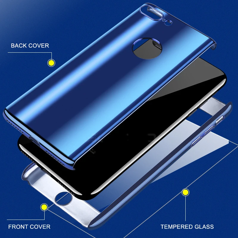 360 Degree Plating Mirror Case For iPhone 6 6s 7 8 Plus X Hard PC Full Body Cover s Phone Cases with Glass |
