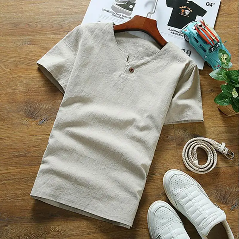 Мужская хлопковая рубашка с коротким рукавом повседневная льняная блузка