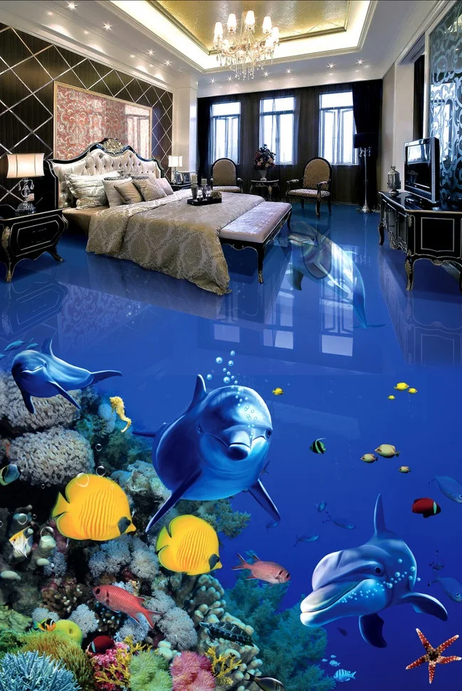 

Custom photo 3d flooring mural self - adhesion wall sticker Fish dolphin painting 3d room murals wallpaper