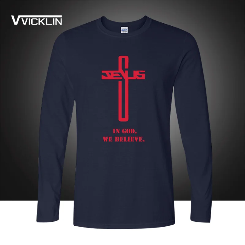 In God We believe printed t shirt long sleeve Christian Cross belief jersey tee cotton joggers blessed t-shits plus size | Мужская