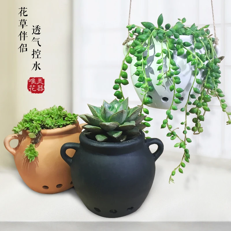 Керамические горшки черные и белые с двойными ушами для суккулентов подвесных