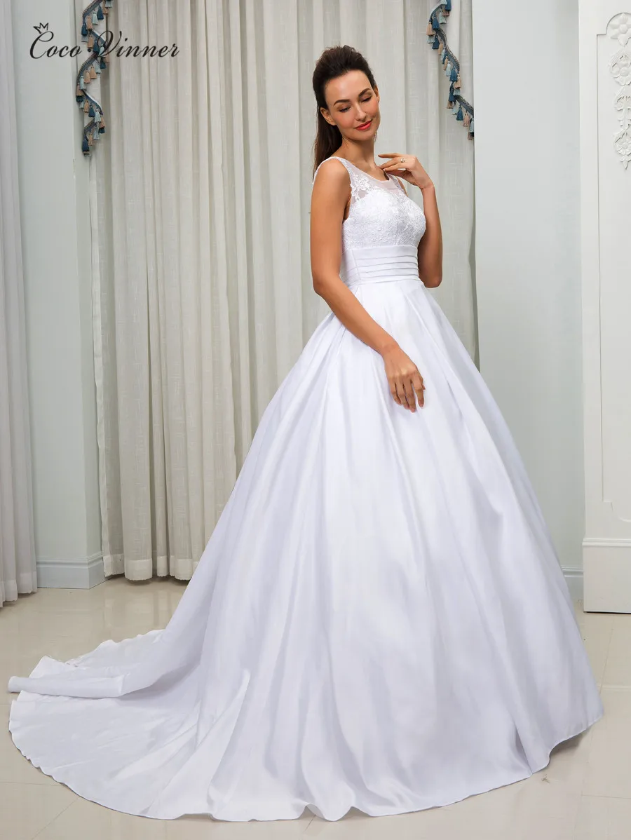 Vintage Elegant Ball Gown Satin Wedding Dress Europe New Boat Neck Lace Appliques Ruched Simple Bright Dresses W0204 | Свадьбы и
