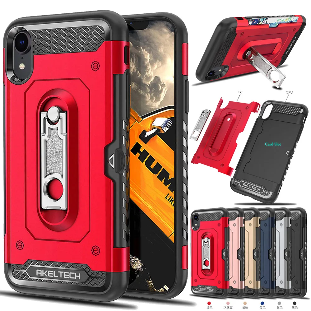 For iPhone XR Case 2in1 Soft TPU &amp Hard Back Armor With Metal Kickstand Card Holder Anti Shock Cover Apple |