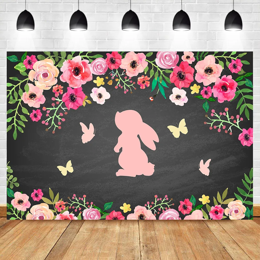 

Pink Bunny Baby Shower Backdrop Girls' 1st Birthday Photography Backdrops Spring Flower Butterfly Background Photography