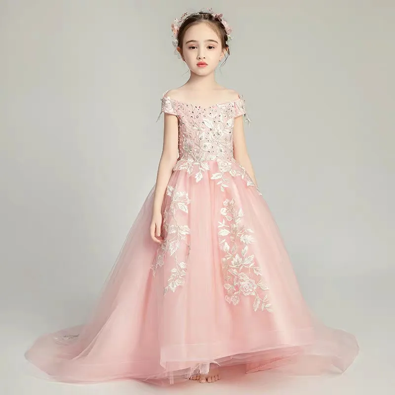 

Summer Luxury Children Girls Embroidery Flowers Pink Shoulderless Birthday Wedding Party Long Tail Dress Kids Piano Host Dress