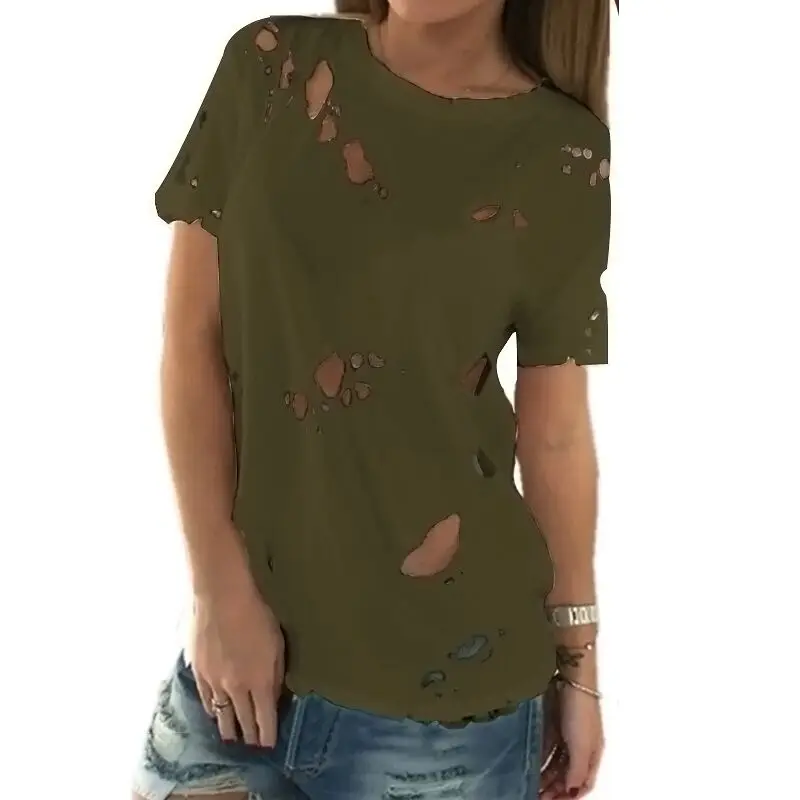 Женская модная футболка летняя винтажная Повседневная Свободная с дырками