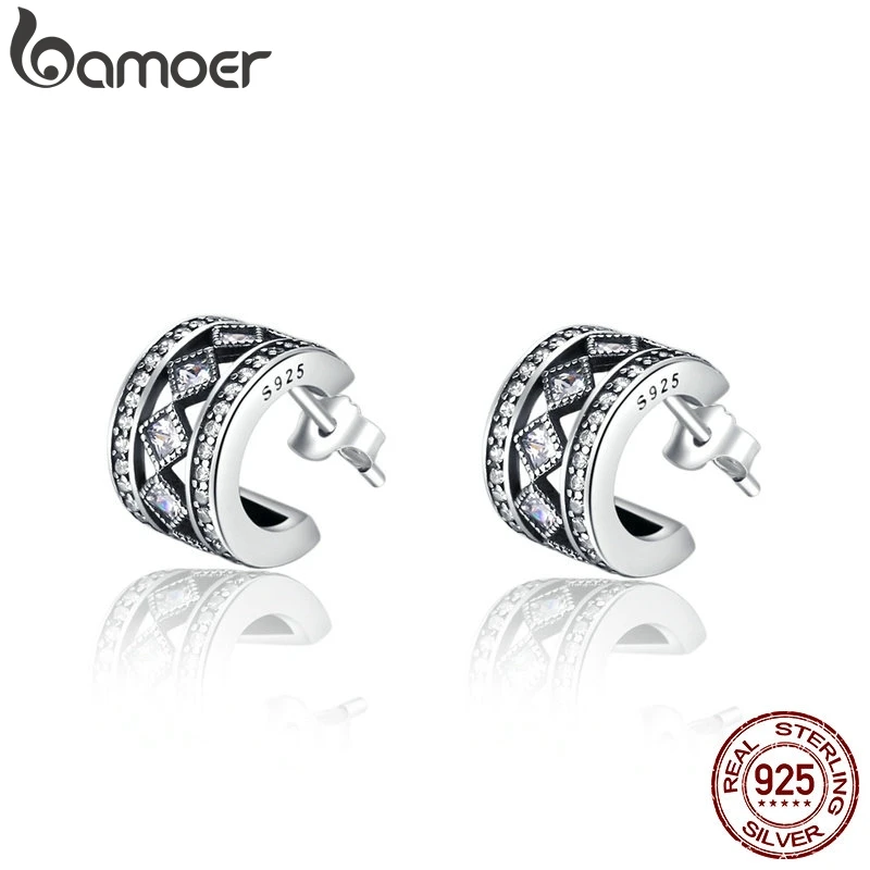 BAMOER 925 Серебряный Квадрат Старинные Очарование, ясно CZ Серьги Стержня для Женщин Brincos Ювелирных Украшений Бижутерии SCE052