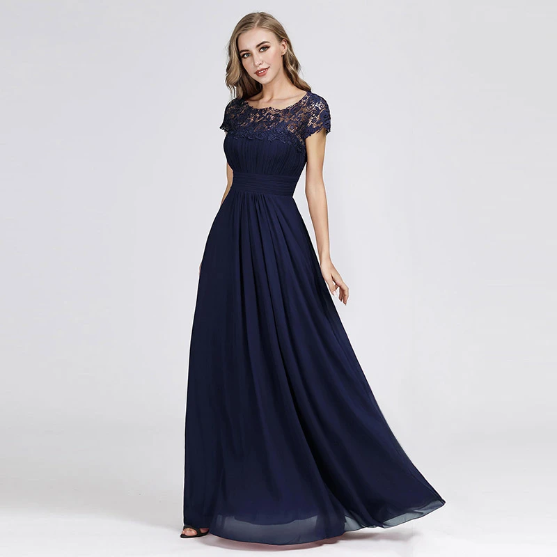Navy Blue Длинные вечерние платья большого размера, элегантные и дешевые вечерние платья с вкладками из плиссированного шифона, кружевные вечерние платья с открытой спиной EB23999 - Цвет: Navy Blue