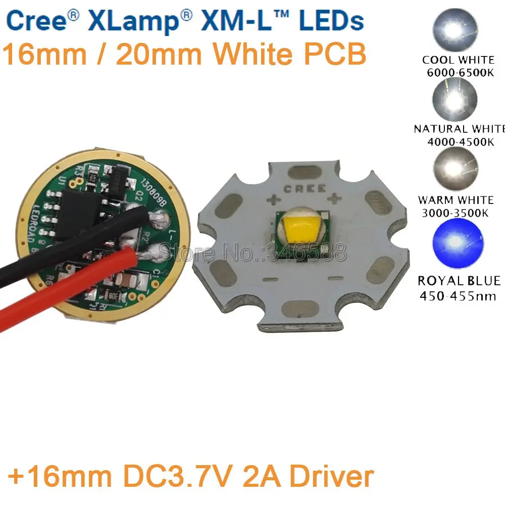 

Cree XML XM-L T6 Cold White Neutral White Warm White 10W High Power LED Emitter 20mm White PCB +16mm DC3.7V 2A Driver 5 Modes