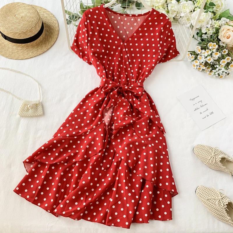 Vintage Polka Dot Print V Neck Ruffles Short Bandage Dress Chiffon Summer Party Women Casual High Waist Beach Dresses