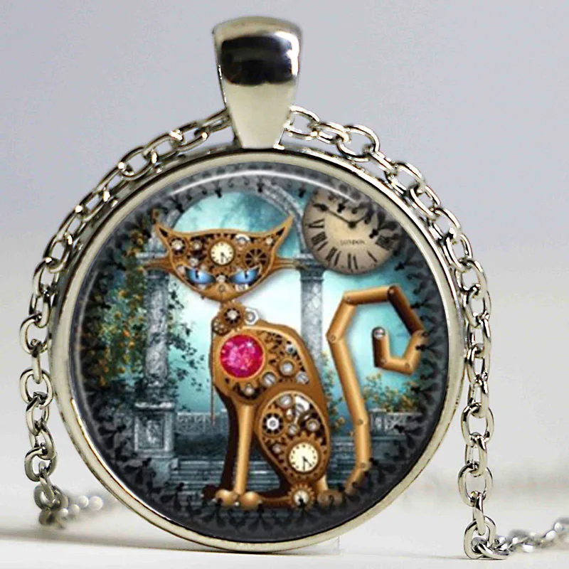 Ожерелье в виде кота стиле стимпанк винтажное Ювелирное Украшение со стеклянной