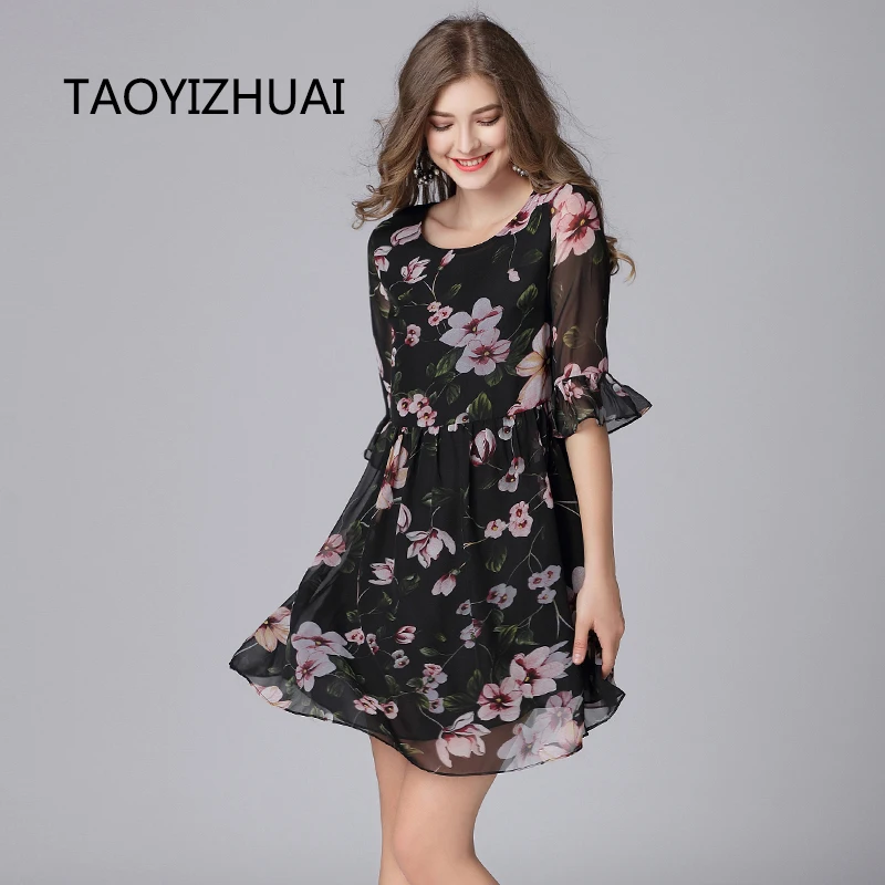 TAOYIZHUAI/Новое поступление, летнее платье с цветочным принтом, расклешенное, с рукавами три четверти, с круглым вырезом, выше колена, милое, большие размеры, модное женское платье, 16073