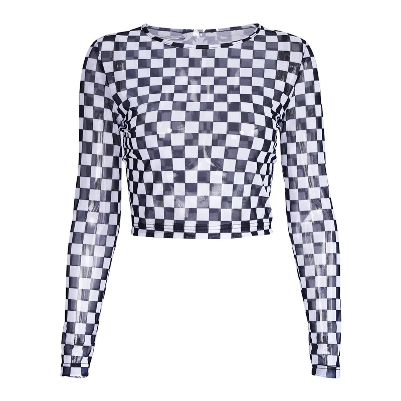 New Pattern T-shirt Holographic Tshirt Black And White Plaid Long Sleeve Checkerboard Stranger Things T Shirt Graphic Tees Women | Женская
