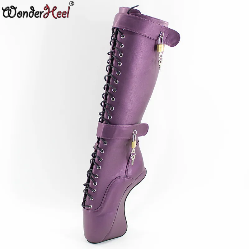 Wonderheel, висячие замки, балетки, Ультра Высокий каблук 18 см, клинья, балетные, до колена, сексуальные фетиш сапоги, матовые, ПУ, балетные шоу, ботинки на шнуровке
