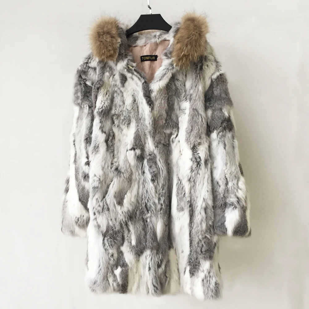 Роскошное длинное пальто с капюшоном из натурального меха х/б Длинная женская