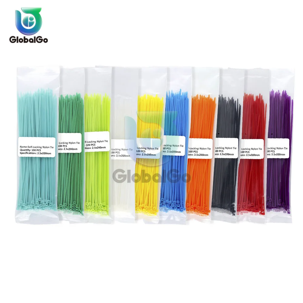 100pcs/Lot Self-Locking Plastic Nylon Wires Cables Zip Ties Cable Fasten Loop 13 Color 2.5*200mm Wiring Harness | Обустройство дома