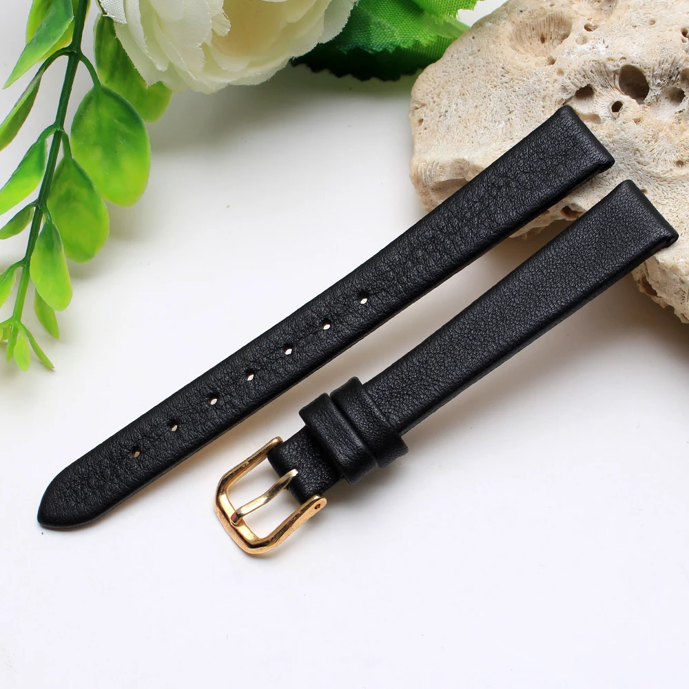 Ремешок из натуральной кожи для женских часов ультратонкий черный браслет 6 мм 8 10