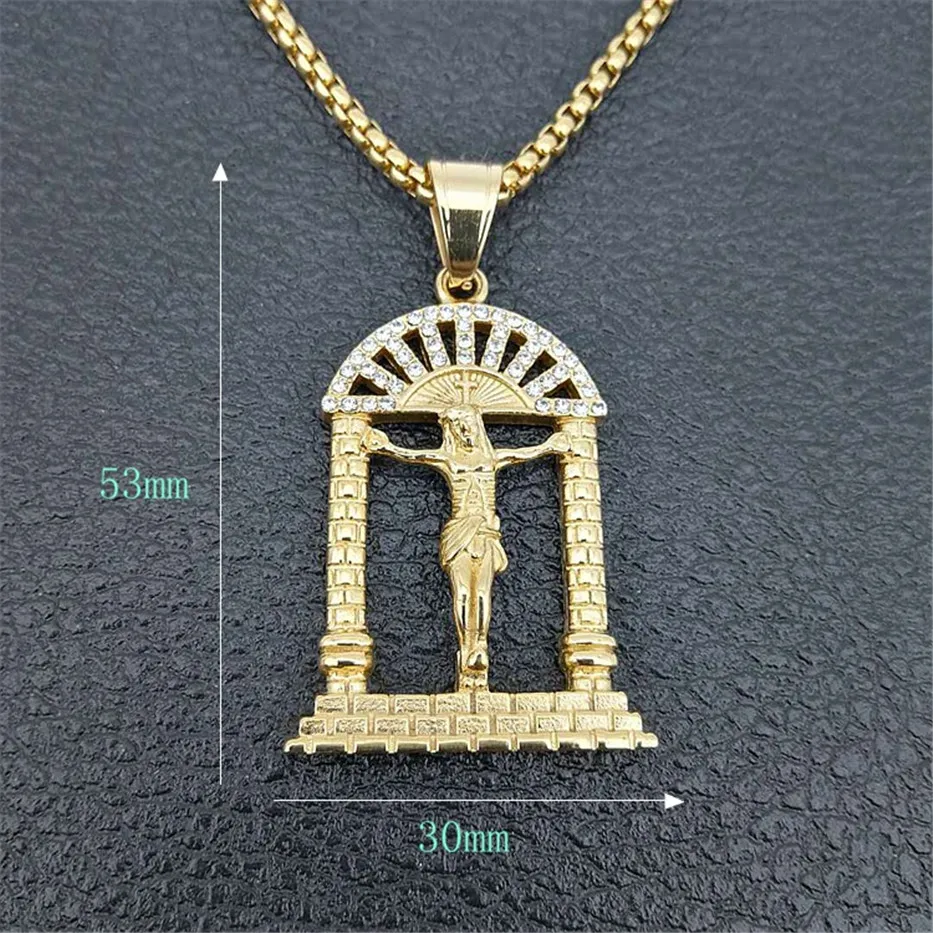 Хип-хоп Iced Out Bling Crucifix кулон ожерелье для мужчин из нержавеющей стали золотой цвет