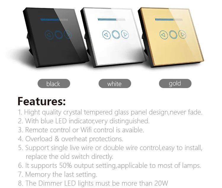 EU/UK Standard Wireless Remote Control Dimmer Light Switch 1 Gang Touch Panel 110V to 240V Blue LED Backlight DIY Smart Home