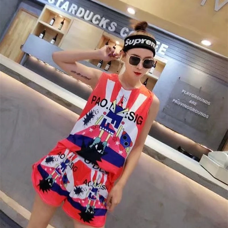Женский костюм с принтом и коротким рукавом 2 шорты высокой талией 2018 | Женская