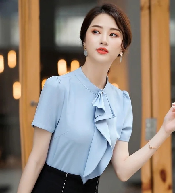 Блузка Женская Офисная с оборками модная рубашка коротким рукавом одежда для