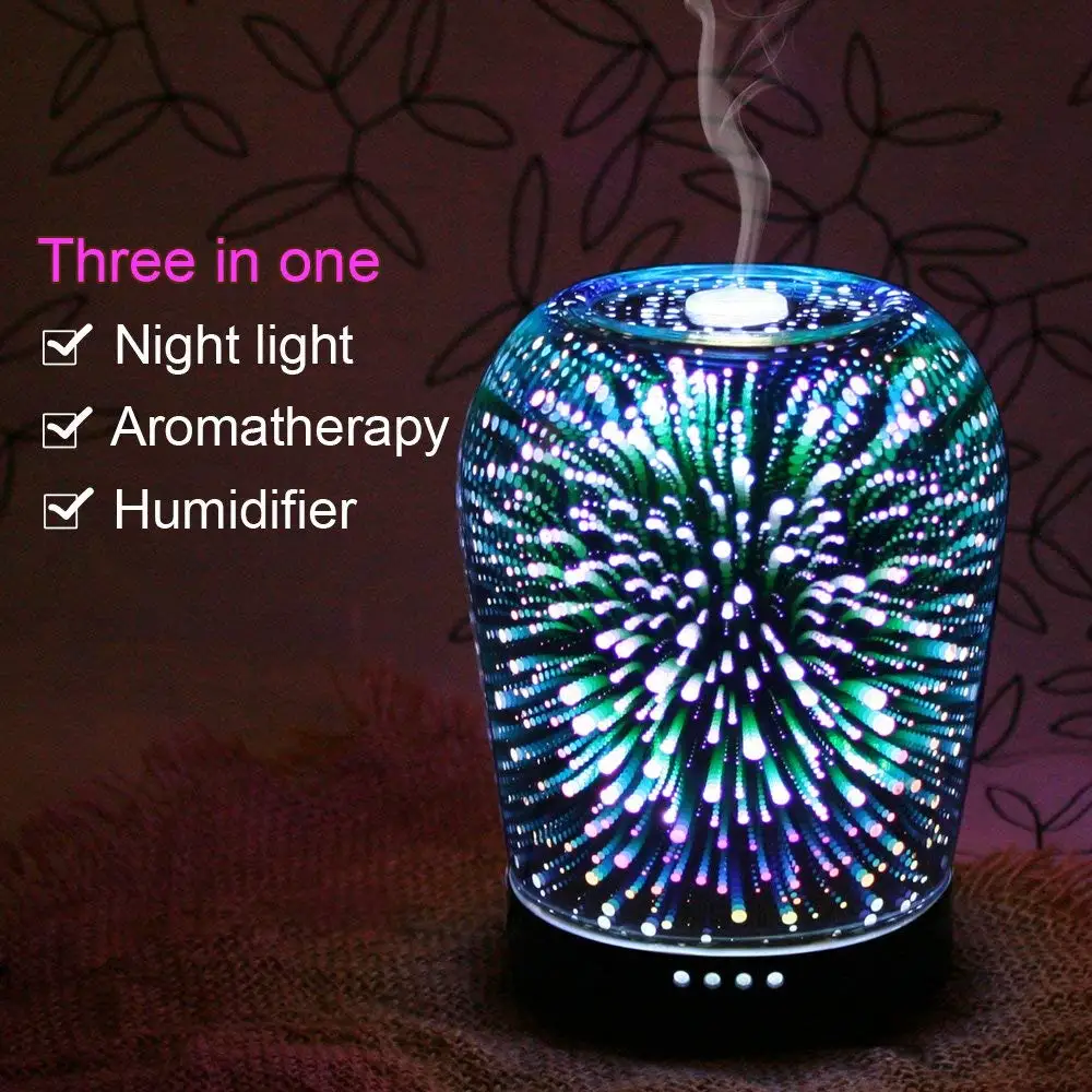 Essential Oil Ultrasonic Cool Mist Humidifier 3D Glass Fireworks 7 Color Change Night Light Aromatherapy Quiet For Home Office | Бытовая