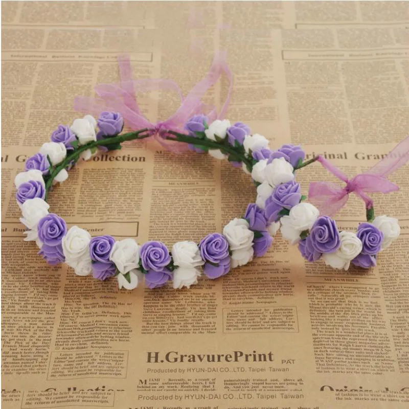 white purple Довольно пены цветочные гирлянды браслет ручной работы Искусственные цветы Корона Браслет Комплект для свадьбы и вечеринки волос венок, гирлянда - Цвет: white purple