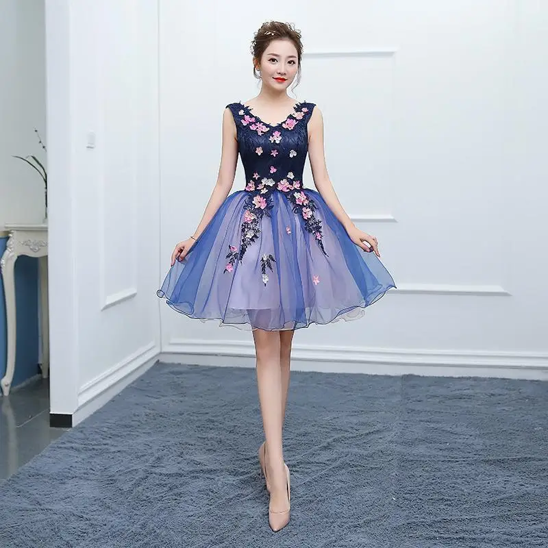 Trajes De Quinceaneras Новое Кружевное Пышное Платье без рукавов с v-образным вырезом и цветами размера плюс длинное платье на выпускной со шнуровкой L - Цвет: photo color short