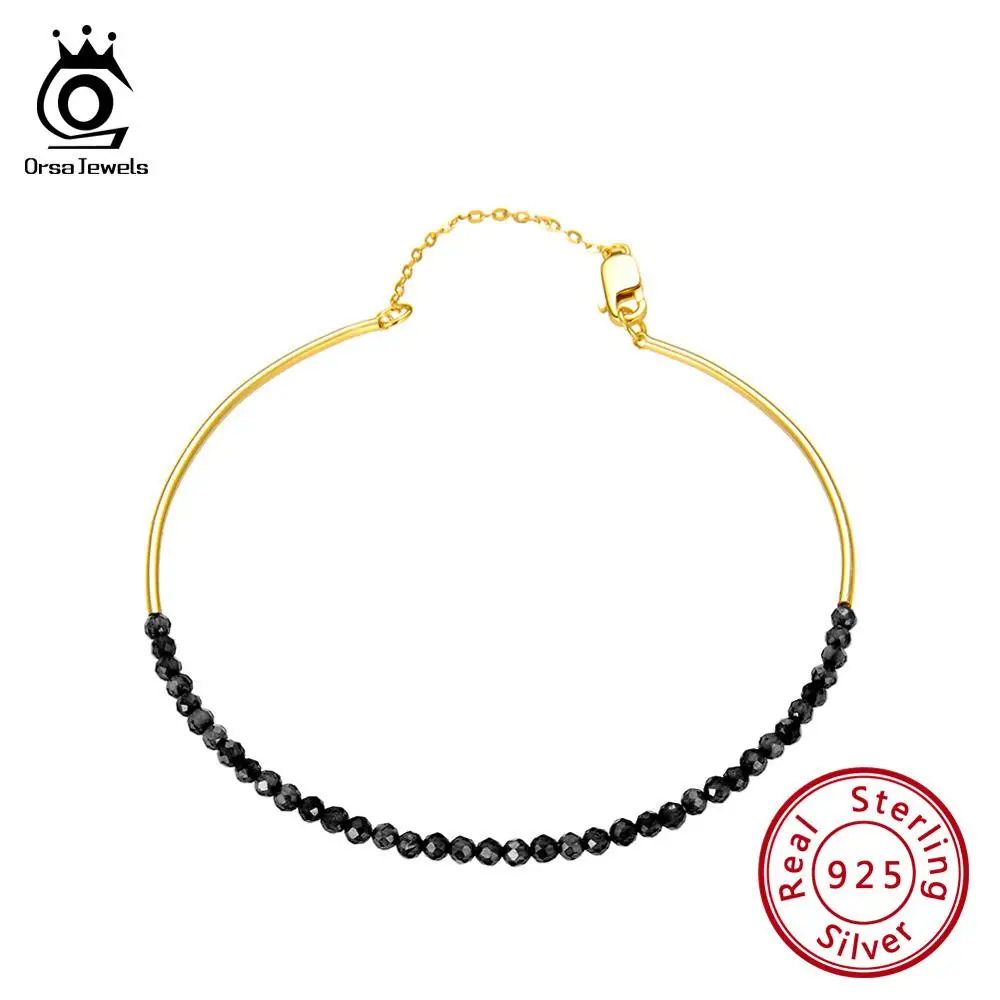 ORSA JEWELS серебряный браслет 925 для женщин Черная шпинель драгоценный камень браслет с природными камнями 18K Позолоченные ювелирные изделия нарукавная повязка OSB46-B