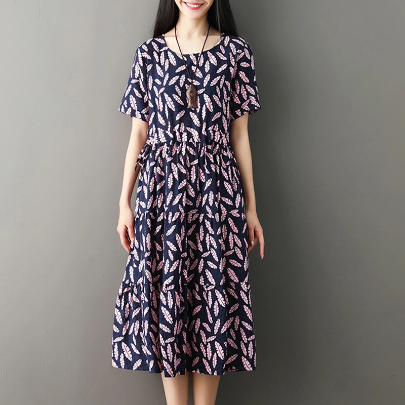 Женское летнее платье с круглым вырезом коротким рукавом и принтом | Женская