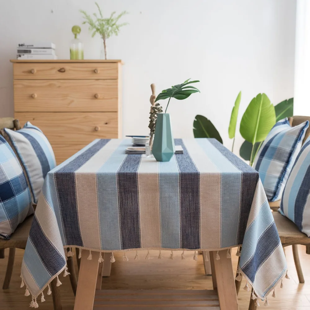 Mediterranean Style Linen Cotton Tassel Tablecloth blue Stripes Tea Table Rectangle table cloth Wedding Cover Home textile | Дом и сад