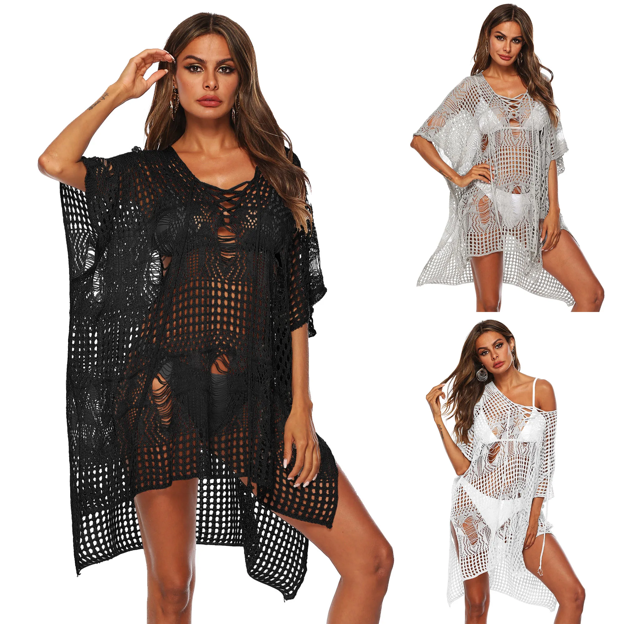 Фото 2019 New Women V-neck Irregular Hollow Sexy Sweater Casual Loose Beach Bikini Shirt Stitching Mesh Female T-shirt Женская одежда 2019 New Women V-neck Irregular Hollow Sexy Sweater Casual Loose Beach Bikini Shirt Stitching Mesh Female T-shirt Женская одежда