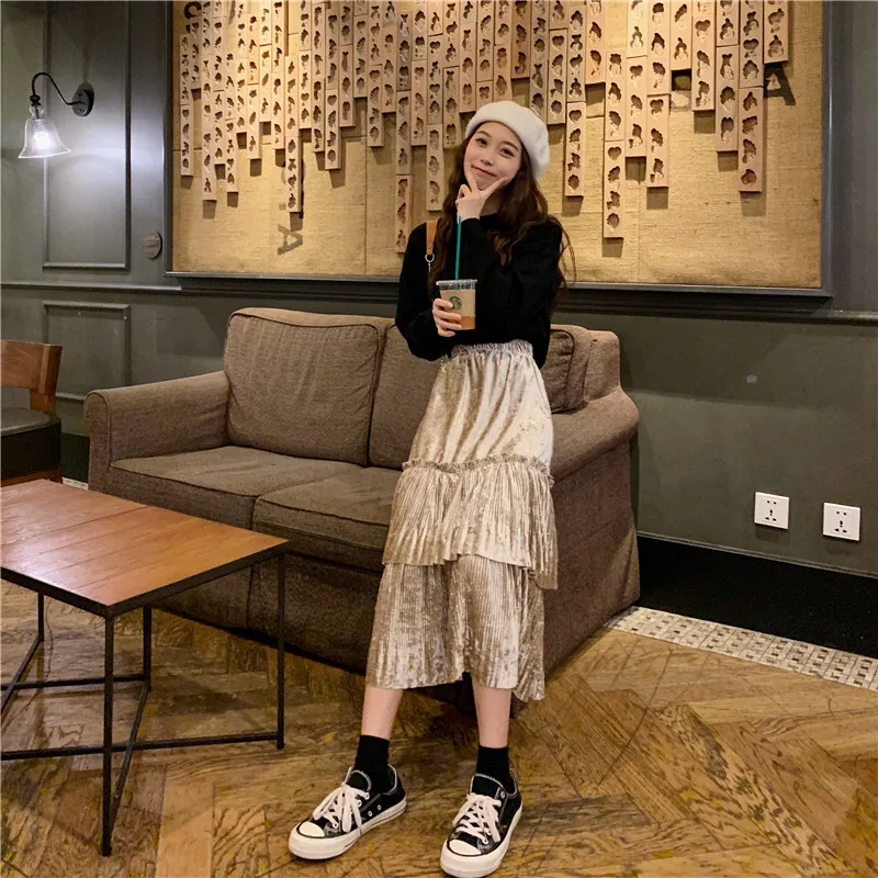 2019 новая весенняя Корейская длинная секция с высокой талией Золотая Бархатная