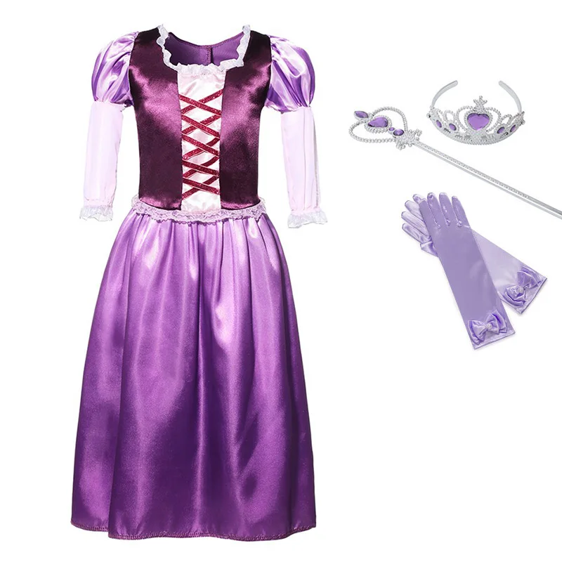 Dress Set 1 Летнее платье принцессы для девочек; детская эластичная одежда с длинными рукавами и лентами; Детские вечерние костюмы Рапунцель для костюмированной вечеринки на Хэллоуин - Цвет: Dress Set 1