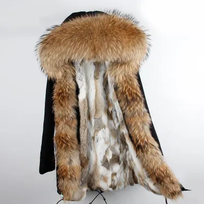 black OFTBUY пальто с натуральным мехом, зимняя куртка, Женское пальто, воротник из натурального меха енота, длинная парка с подкладкой из меха енота, уличная верхняя одежда - Цвет: black