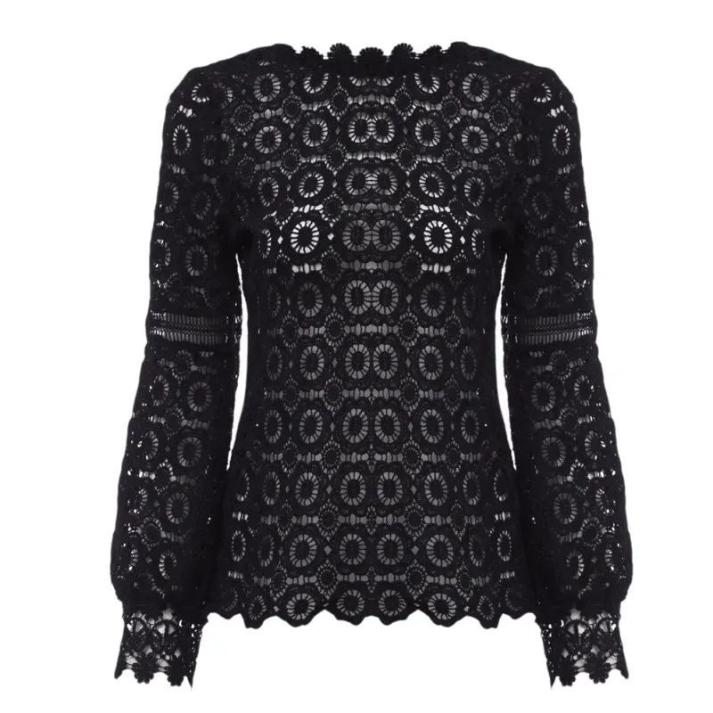 Black/white Floral Lace Hollow Out Perspective Long Lantern Sleeve Women Tops And Blouses Slim Elegant O Neck Women's Shirt |