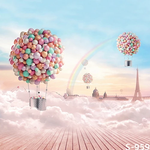 Виниловые фоны для студийной фотосъемки с воздушными шарами домиками облаками