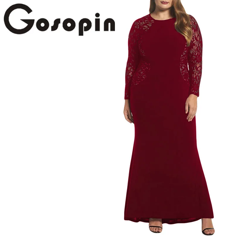 Gosopin плюс размеры пикантные кружево платье для вечерние с длинным рукавом макси