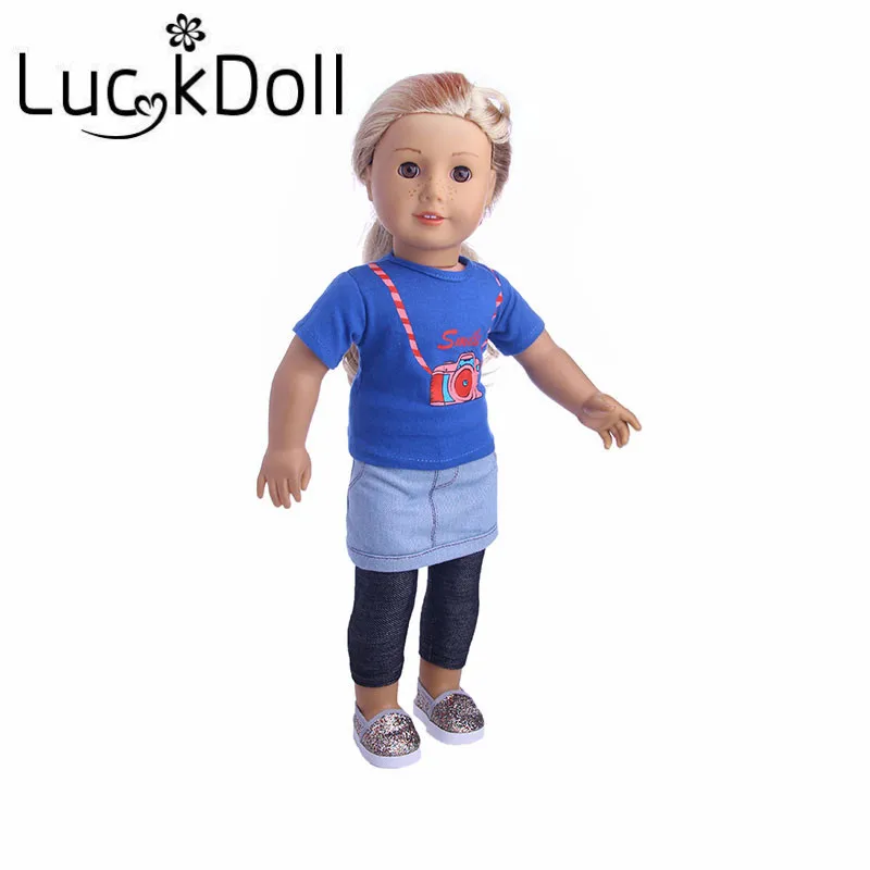 Уличный костюм LUCKDOLL с джинсовой юбкой леггинсами и топом подходит для 18-дюймовой