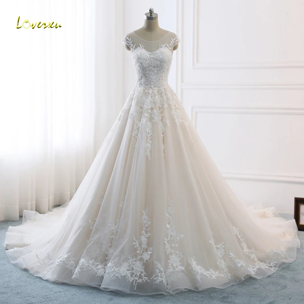 Loverxu Vestido De Noiva сексуальное свадебное платье с открытой спиной и трапециевидной формы с аппликацией из бисера, со шлейфом, винтажное свадебное платье, большие размеры