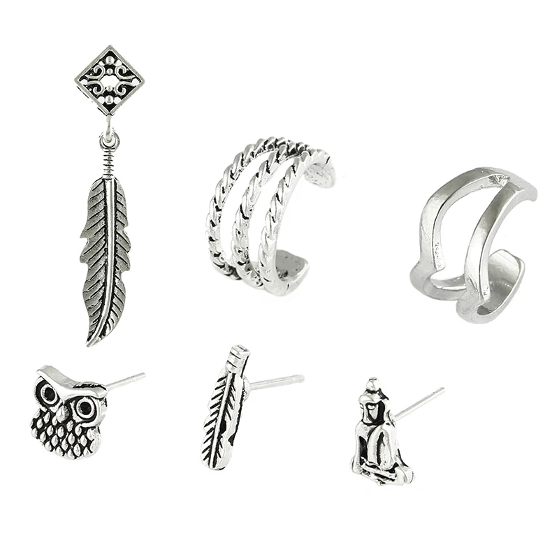 Женские серьги-каффы в стиле панк рок с цепочкой виде листика кисточками