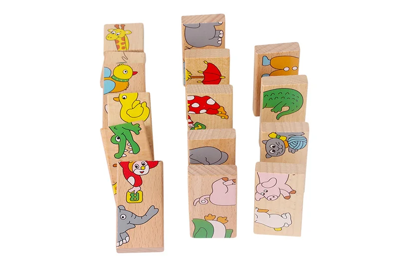 15 Pcs Wood Animal Domino Puzzle Wooden Toys for Children Jigsaw Puzzle Solitaire Game Kid's Montessori Educational Toy for Kid